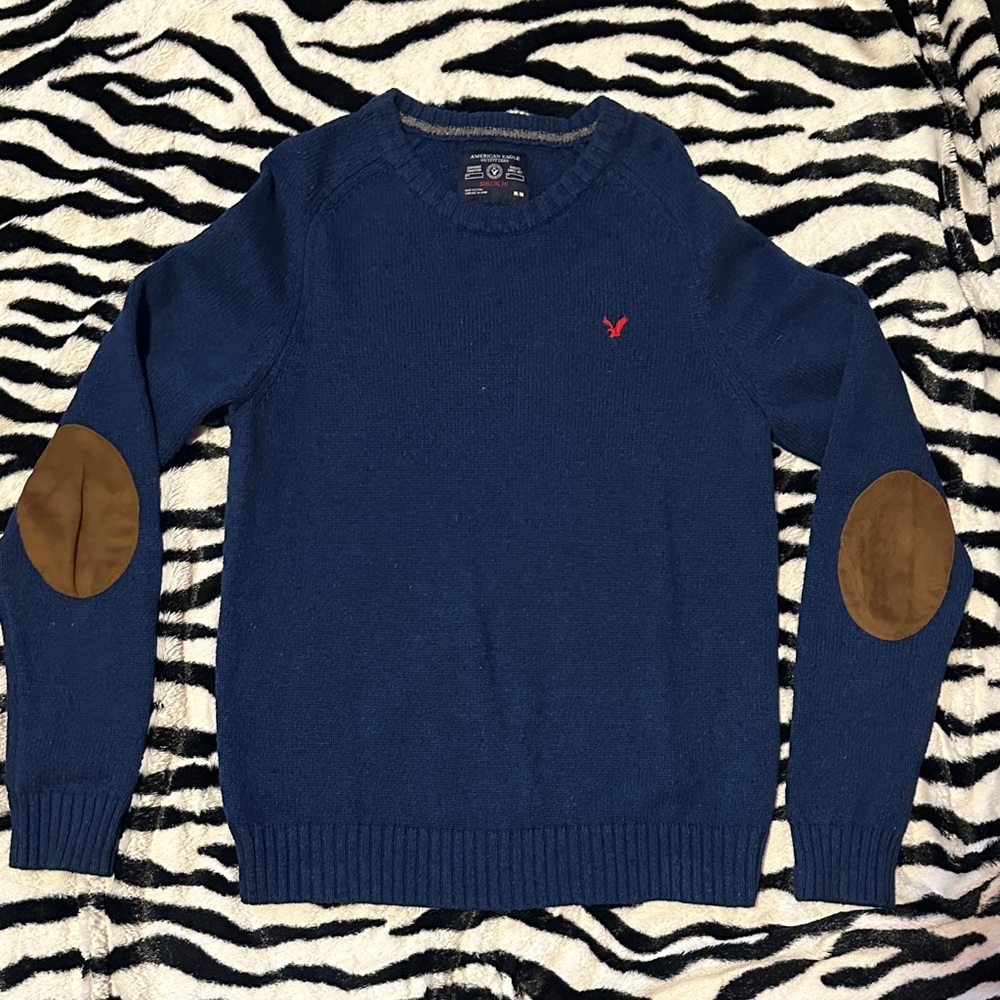 American Eagle Outfitters Navy Sweater with Tan Elbow Patches